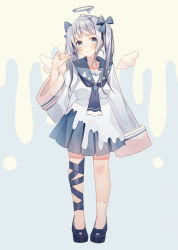 Rule 34 | 1girl, :o, absurdres, angel, angel wings, black footwear, black ribbon, black sailor collar, blue background, blue eyes, blush, brown background, candy, commentary, detached wings, dress, english commentary, food, grey hair, halo, hand up, highres, holding, holding candy, holding food, holding lollipop, leg ribbon, lollipop, long hair, long sleeves, looking at viewer, minasenagi, mini wings, neckerchief, original, parted lips, ribbon, sailor collar, sailor dress, shoes, single sock, sleeves past fingers, sleeves past wrists, socks, solo, twintails, two-tone background, two-tone neckerchief, white dress, white socks, white wings, wide sleeves, wings
