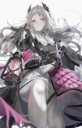 Rule 34 | 1girl, :o, absurdres, arknights, black gloves, black jacket, capelet, feet out of frame, from below, front-seamed legwear, gloves, grey eyes, grey hair, gun, head wings, high-waist skirt, highres, holding, holding lantern, irene (arknights), jacket, jenmin12, lantern, layered skirt, long hair, long sleeves, looking at viewer, pantyhose, parted lips, puffy long sleeves, puffy sleeves, purple skirt, rapier, scar, scar across eye, scar on face, seamed legwear, sheath, sheathed, skirt, solo, standing, sword, very long hair, weapon, white capelet, white pantyhose, white skirt, wings