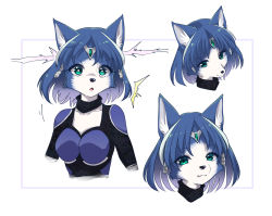 Rule 34 | 1girl, :3, ^^^, animal ears, animal nose, aqua eyes, blue bodysuit, blue hair, body fur, bodysuit, breasts, circlet, cleavage cutout, closed mouth, clothing cutout, collarbone, cropped torso, crystal, expressions, face, female focus, fox ears, fox girl, furry, furry female, gem, green gemstone, hair tubes, half-closed eyes, happy, krystal, long sleeves, looking at viewer, medium breasts, multicolored hair, multiple views, namagaki yukina, nintendo, open mouth, short hair, simple background, smile, snout, star fox, star fox assault, streaked hair, surprised, sweat, two-tone background, two-tone hair, v-shaped eyebrows, white background, white hair, wide-eyed