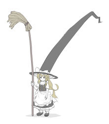 Rule 34 | 1girl, apron, back bow, blonde hair, bow, braid, broom, brown eyes, buttons, closed mouth, dress, frills, full body, grey dress, grey footwear, grey hat, hair bow, hand up, hat, hat bow, highres, kirisame marisa, large hat, long hair, looking to the side, peroponesosu., puffy short sleeves, puffy sleeves, shadow, shirt, shoes, short sleeves, simple background, single braid, socks, solo, touhou, white apron, white background, white bow, white shirt, white socks, witch hat