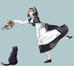 Rule 34 | 1girl, black hair, cat, commentary request, cup, drinking glass, drinking straw, full body, hennekobakatesu, highres, ice, ice cube, looking at viewer, maid, maid headdress, original, short hair, simple background, skirt hold, spilling, tray, tripping