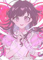 Rule 34 | 1girl, :d, apron, bandaged arm, bandages, black hair, breasts, collared shirt, danganronpa (series), danganronpa 2: goodbye despair, heart, heart-shaped pupils, highres, large breasts, long hair, open mouth, own hands together, pink eyes, pink shirt, pote (pote 39), puffy short sleeves, puffy sleeves, red background, shirt, short sleeves, smile, solo, symbol-shaped pupils, teeth, tsumiki mikan, upper teeth only, white apron