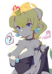 Rule 34 | 1girl, ?, absurdres, akara (2697518742), armlet, bare shoulders, black dress, blonde hair, blush, bowsette, bracelet, breasts, cleavage, collar, collarbone, covered navel, crown, dress, earrings, frills, hair between eyes, highres, holding, holding clothes, holding dress, huge filesize, jewelry, large breasts, long hair, mario (series), new super mario bros. u deluxe, nintendo, ponytail, pulled by self, signature, simple background, solo, speech bubble, spiked armlet, spiked bracelet, spiked collar, spiked shell, spiked tail, spikes, strapless, strapless dress, super crown, tail, turtle shell, upper body, white background