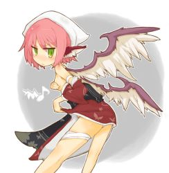 Rule 34 | 1girl, alternate costume, animal ears, bad id, bad pixiv id, bandages, bare shoulders, blush, breasts, covering privates, covering breasts, embarrassed, female focus, green eyes, head scarf, katsudansou, leaning forward, looking back, mystia lorelei, off shoulder, okamisty, pink hair, short hair, simple background, solo, touhou, wings