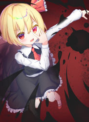 Rule 34 | 1girl, ascot, black skirt, black vest, blonde hair, collared shirt, darkness, full body, hair between eyes, hair ribbon, highres, kiramarukou, long sleeves, looking at viewer, open mouth, red ascot, red background, red eyes, red footwear, red ribbon, ribbon, rumia, shirt, skirt, smile, solo, touhou, v-shaped eyebrows, vest, white legwear, white shirt