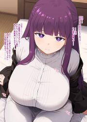 1girl bed blunt_bangs breasts commentary_request fern_(sousou_no_frieren) highres huge_breasts kurikara long_hair looking_at_viewer nipples on_bed purple_eyes purple_hair sitting solo sousou_no_frieren