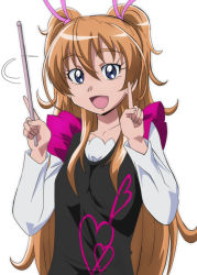 Rule 34 | 10s, 1girl, :d, blue eyes, brown hair, conducting, conductor, eyelashes, hair ribbon, houjou hibiki, index finger raised, long hair, oimanji, open mouth, precure, ribbon, smile, solo, suite precure, two side up, wand, white background
