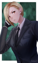 Rule 34 | 1girl, artist name, asymmetrical hair, black necktie, black suit, blonde hair, blush, border, breasts, business suit, cellphone, collared shirt, commentary request, earrings, elena (ff7), eyelashes, final fantasy, final fantasy vii, fingerless gloves, formal, gloves, hand up, highres, holding, holding phone, jewelry, long sleeves, looking to the side, medium breasts, medium hair, necktie, orange eyes, parted lips, phone, serious, sgk, shirt, short hair, signature, single sidelock, solo, suit, talking on phone, upper body, v-shaped eyebrows, white border, zipper