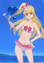 Rule 34 | 1girl, akinbo (hyouka fuyou), asahina mirai, bikini, blonde hair, blue sky, bow, bracelet, collarbone, contrapposto, cure miracle, day, earrings, floating hair, grin, hair bow, hand on own hip, hat, head tilt, highres, holding, holding wand, jewelry, long hair, looking at viewer, mahou girls precure!, mini hat, navel, neck, ocean, outdoors, pink hat, precure, purple eyes, red bow, side ponytail, sky, smile, solo, standing, strapless, strapless bikini, swimsuit, very long hair, wand, white bikini, witch hat