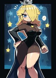 Rule 34 | 1girl, absurdres, black dress, blonde hair, blue background, blue eyes, blush, breasts, crown, dress, earrings, grin, hair over one eye, hand on own hip, highres, jewelry, large breasts, long hair, long sleeves, looking at viewer, mario (series), nintendo, princess, rosalina, side slit, smile, sparkle, sparkle background, speech bubble, spoken sparkle, standing, star (symbol), starry background, super mario galaxy, teeth, thick thighs, thighs, tony welt, wide hips