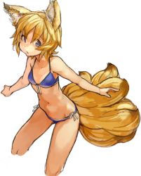 Rule 34 | 1girl, aged down, animal ears, bare shoulders, bikini, blonde hair, blue bikini, blue eyes, breasts, cropped legs, fox ears, fox tail, front-tie top, leaning forward, multiple tails, navel, sachito, short hair, side-tie bikini bottom, simple background, small breasts, solo, swimsuit, tail, touhou, white background, yakumo ran