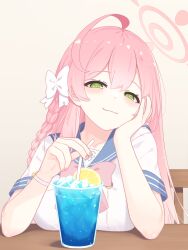 Rule 34 | ahoge, blue archive, blush, bow, bracelet, braid, breast rest, breasts, fingernails, hair bow, halo, hanako (blue archive), hand on own cheek, hand on own face, head rest, highres, jewelry, large breasts, lemonade, light smile, looking at viewer, nail polish, parsleyshrimp, pink hair, school uniform, serafuku