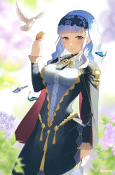 Rule 34 | 1girl, absurdres, animal, bird, bird on hand, blue butterfly, blue dress, blue hair, blue hairband, blunt bangs, blush, breasts, bug, butterfly, center frills, closed mouth, commentary request, dress, fire emblem, fire emblem: three houses, fire emblem warriors: three hopes, flower, flying, frills, hairband, highres, insect, lace hairband, large breasts, leaf, lips, long hair, long sleeves, marianne von edmund, nintendo, official alternate hairstyle, parupome, pink lips, purple eyes, purple flower, smile, twitter username, white bird