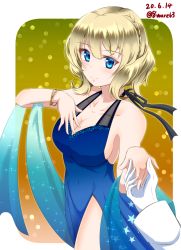 Rule 34 | 1girl, alternate hair length, alternate hairstyle, blonde hair, blue dress, blue eyes, border, braid, breasts, cleavage, colorado (kancolle), commentary request, cowboy shot, dated, dress, gradient background, hachiware (8ware63), highres, kantai collection, large breasts, looking at viewer, one-hour drawing challenge, short hair, side braids, smile, solo, twitter username, white border