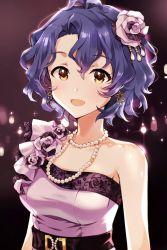 Rule 34 | 1girl, absurdres, antenna hair, arms at sides, bare shoulders, black background, blue hair, blurry, bokeh, breasts, depth of field, dress, earrings, floral print, flower, gradient background, hair between eyes, hair flower, hair ornament, highres, idolmaster, idolmaster million live!, idolmaster million live! theater days, jewelry, looking at viewer, medium breasts, necklace, off-shoulder dress, off shoulder, open mouth, pearl necklace, pinkiepies2, print dress, purple dress, purple flower, short hair, single-shoulder dress, single bare shoulder, smile, solo, sparkle, toyokawa fuka, upper body, wavy hair, yellow eyes