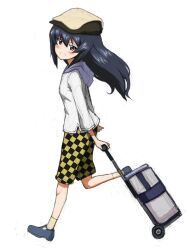 Rule 34 | 1girl, black hair, blouse, blue footwear, brown eyes, casual, checkered shorts, closed mouth, commentary, flat cap, from side, girls und panzer, hat, hooded shirt, kayabakoro, long hair, looking at viewer, reizei mako, rolling suitcase, running, shirt, shoes, shorts, simple background, smile, socks, solo, suitcase, white background, white hat, white shirt, white socks, yellow shorts