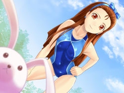 Rule 34 | 1girl, bent over, brown eyes, brown hair, rabbit, competition swimsuit, dutch angle, hairband, hand on own hip, hip focus, idolmaster, idolmaster (classic), long hair, minase iori, muhi11234, one-piece swimsuit, solo, swimsuit