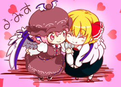 Rule 34 | 2girls, ^ ^, bad id, bad pixiv id, bird wings, blonde hair, blouse, closed eyes, closed eyes, fang, fang out, feconf, hair ribbon, hat, heart, multiple girls, mystia lorelei, pink hair, red eyes, ribbon, rumia, shirt, skirt, smile, touhou, vest, wing hug, wings