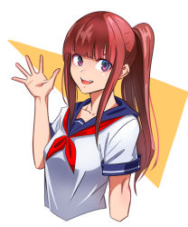 Rule 34 | 1girl, :d, blue sailor collar, brown hair, collared shirt, cropped arms, cropped torso, highres, long hair, looking at viewer, neckerchief, open mouth, original, outstretched hand, ponytail, purple eyes, red neckerchief, sailor collar, sailor shirt, school uniform, serafuku, shirt, short sleeves, sidelocks, sketch, smile, solo, sushi (sashimise), very long hair, waving, white background, white shirt