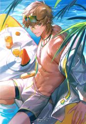 Rule 34 | 1boy, abs, animal ears, aqua eyes, arknights, bandages, blonde hair, bottle, bulge, cowboy shot, day, dog boy, dog ears, dog tags, ear piercing, eyewear on head, food, fruit, glass, highres, hood, hoodie, jacket, jewelry, leaf, looking at viewer, male focus, muscular, muscular male, necklace, nipples, open clothes, outdoors, pectorals, piercing, pool, shorts, signature, sitting, smile, solo, sunglasses, surfboard, teeth, tequila (arknights), tianxiaoye ansel.s, tinted eyewear, watermelon, white jacket, white shorts