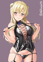 Rule 34 | 1girl, bdsm, black panties, blonde hair, blush, bondage, bondage outfit, bound, breasts, cleavage, cleavage cutout, clothing cutout, cross-laced clothes, cross-laced cutout, double bun, ebifurya, fletcher (kancolle), garter straps, hair bun, highres, holding, kantai collection, large breasts, long hair, medium breasts, panties, purple background, riding crop, simple background, smile, solo, thighhighs, twitter username, underwear
