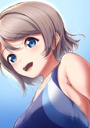 Rule 34 | 1girl, amagi (volfuji), blue eyes, blue one-piece swimsuit, blush, breasts, collarbone, competition swimsuit, from below, highres, large breasts, light brown hair, looking at viewer, love live!, love live! sunshine!!, one-piece swimsuit, open mouth, short hair, sky, smile, solo, swimsuit, watanabe you, wavy hair