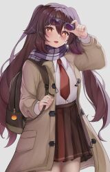 Rule 34 | 1girl, absurdres, adjusting eyewear, alternate costume, backpack, bag, black bag, breast pocket, bright pupils, brown coat, brown hair, brown skirt, coat, cowboy shot, flower-shaped pupils, genshin impact, glasses, hair between eyes, highres, hu tao (genshin impact), long hair, long sleeves, looking at viewer, lunixx, open mouth, orange eyes, plaid, plaid scarf, pleated skirt, pocket, scarf, school uniform, shirt, shirt tucked in, simple background, skirt, smile, solo, symbol-shaped pupils, teeth, trench coat, twintails, upper teeth only, white background, white pupils, white shirt