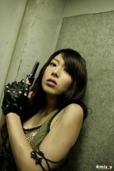 Rule 34 | bra, denim, fingerless gloves, gloves, gun, highres, kobayashi emi, lingerie, photo (medium), tank top, underwear, weapon