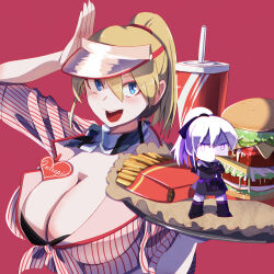 2girls absurdres abyssal_ship aircraft_carrier_princess_ii alternate_costume black_bra blonde_hair blue_eyes blush bra breasts burger carhop character_name cleavage commentary_request crossed_arms cup disposable_cup earrings food food_in_mouth french_fries highres holding holding_tray intrepid_(kancolle) jewelry kantai_collection large_breasts looking_at_viewer lsnsn mini_person minigirl multiple_girls name_tag open_mouth ponytail red_background ribbon shirt simple_background striped_clothes striped_shirt tray underwear visor_cap waitress white_hair