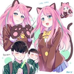 Rule 34 | 10s, 1boy, 1girl, :3, animal ears, animal hands, aqua eyes, artist name, bad id, bad pixiv id, black hair, blush, bow, cat ears, cat tail, collared shirt, fang, gloves, glowstick, green hair, hashimoto nyaa, heart, idol, interlocked fingers, korean text, layered clothes, light stick, long hair, looking at viewer, looking away, looking down, matsuno choromatsu, mery (yangmalgage), multicolored hair, neck ribbon, open mouth, osomatsu-kun, osomatsu-san, osomatsu (series), own hands clasped, own hands together, paw gloves, paw pose, pink hair, pleated skirt, ribbon, school uniform, shirt, skirt, smile, streaked hair, sweater, tail, v arms