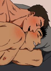 Rule 34 | 2boys, bad id, bad twitter id, balnom, bara, black hair, blush, chest hair, couple, cropped, cuddling, happy, long sideburns, lying, lying on person, male focus, multiple boys, muscular, muscular male, nipples, nude, on bed, on stomach, original, pectorals, short hair, sideburns, smile, sparse stubble, upper body