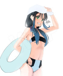 Rule 34 | 1girl, baseball cap, bikini, black hair, blue hair, breasts, commentary request, cowboy shot, gradient hair, green eyes, grin, hat, innertube, kahakurei, kantai collection, long hair, looking at viewer, low twintails, multicolored hair, navel, ribbon, small breasts, smile, solo, suzukaze (kancolle), swim ring, swimsuit, twintails, two-tone bikini, unfinished, white hat