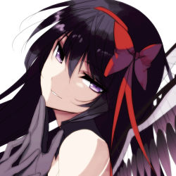 Rule 34 | 10s, 1girl, absurdres, akemi homura, akuma homura, bad id, bad pixiv id, bare shoulders, black gloves, black hair, black wings, bow, choker, close-up, elbow gloves, eyes visible through hair, gloves, hair between eyes, hair bow, hairband, hand to own mouth, head tilt, highres, long hair, looking at viewer, mahou shoujo madoka magica, mahou shoujo madoka magica: hangyaku no monogatari, misteor, parted lips, purple eyes, red hairband, simple background, smile, solo, spoilers, white background, wings