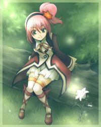 Rule 34 | 1girl, aino yumeri, alfa system, blush, bow, coat, colorized, flower, footwear ribbon, green eyes, hair ornament, hairband, highres, kanonno grassvalley, leaf, leaf hair ornament, lily (flower), maple leaf, pink hair, shoes, short hair, side ponytail, skirt, smile, solo, tales of (series), tales of the world radiant mythology 3, thighhighs, white thighhighs