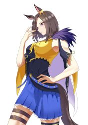 Rule 34 | 1girl, absurdres, air groove (umamusume), animal ears, bare shoulders, belt, black choker, black thighhighs, blue dress, blue skirt, blush, breasts, brown belt, brown hair, choker, cleavage, closed mouth, collarbone, commentary request, cowboy shot, dress, highres, horse ears, horse girl, looking at viewer, medium breasts, medium hair, purple eyes, senchan 7, simple background, single thighhigh, skirt, smile, solo, sweat, tail, thigh strap, thighhighs, two-tone dress, umamusume, white background, yellow dress