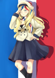 Rule 34 | 10s, 1girl, belt, beret, blonde hair, blue eyes, breasts, cleavage, commandant teste (kancolle), french flag, hat, irohakaede, jacket, kantai collection, long hair, multicolored hair, one eye closed, pom pom (clothes), salute, scarf, shadow, skirt, smile, solo