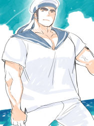 Rule 34 | 1boy, alternate costume, bara, commentary request, feet out of frame, hat, kijima hyogo, large pectorals, long sideburns, male focus, protagonist 3 (housamo), muscular, muscular male, pectoral cleavage, pectorals, sailor, sailor hat, short hair, sideburns, smile, solo, sunlight, tokyo houkago summoners, unfinished, v-neck