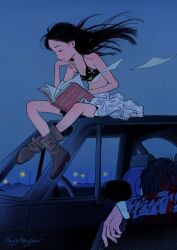 1boy 1girl black_hair boots car corpse crossed_legs dusk gun holding holding_gun holding_weapon motor_vehicle oddxegg0 original reading sitting weapon