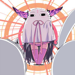 Rule 34 | &lt;o&gt; &lt;o&gt;, 3girls, black hair, boots, chibi, cosplay, emphasis lines, facing another, facing viewer, fate/grand order, fate (series), hand up, horns, iguana henshuu-chou, long hair, long horns, medjed (fate), medjed (fate) (cosplay), multicolored horns, multiple girls, navel, nitocris (fate), nitocris (fate/grand order), nitocris (swimsuit assassin) (fate), osakabehime (fate), panties, pink footwear, pink horns, pink panties, pink ribbon, purple horns, ribbon, sessyoin kiara, solo focus, sparkle, standing, thigh boots, two-tone horns, underwear, very long hair