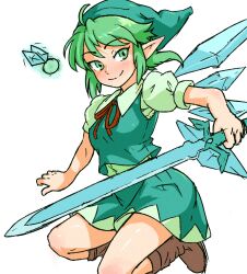 Rule 34 | 1girl, absurdres, beachepisode, boots, brown footwear, cirno, cosplay, crossover, fusion, green eyes, green hat, green shirt, green skirt, green vest, hat, highres, holding, holding sword, holding weapon, link, link (cosplay), looking at viewer, master sword, medium hair, nintendo, pointy ears, red ribbon, ribbon, shirt, simple background, skirt, solo, sword, the legend of zelda, touhou, vest, weapon, white background