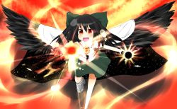 Rule 34 | 1girl, akisha, arm cannon, bad id, bad pixiv id, black hair, blush, bow, female focus, hair bow, highres, open mouth, red eyes, reiuji utsuho, skirt, smile, solo, touhou, weapon, wings