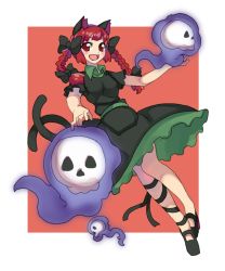 Rule 34 | 1girl, animal ears, arm up, black bow, black dress, black footwear, black ribbon, blue fire, blunt bangs, border, bow, braid, breasts, cat ears, cat tail, dress, eyebrows hidden by hair, fire, flaming skull, floating skull, full body, hair bow, hair ribbon, highres, hitodama, kaenbyou rin, leg ribbon, long hair, looking at viewer, multiple tails, nekomata, one-hour drawing challenge, outside border, petticoat, red background, red eyes, red hair, renshirenji, ribbon, simple background, small breasts, solo, tail, touhou, tress ribbon, twin braids, twintails, two tails, white border, wing collar