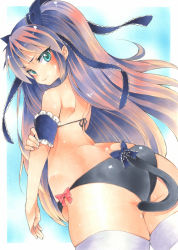 Rule 34 | 1girl, angry, aqua eyes, ass, back, bad id, bad pixiv id, bare shoulders, bikini, blush, cat tail, curvy, gradient background, little busters!, long hair, looking at viewer, looking back, marker (medium), purple hair, sasasegawa sasami, shie (m417), solo, sweat, swimsuit, tail, thick thighs, thighhighs, thighs, traditional media, twintails, wide hips