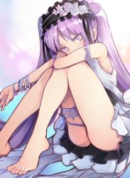 Rule 34 | 1girl, armband, bare shoulders, barefoot, batatata77, bracelet, dress, euryale (fate), euryale (third ascension) (fate), fate/grand order, fate/hollow ataraxia, fate (series), feet, headdress, jewelry, legband, long hair, looking at viewer, purple eyes, purple hair, ring, solo, twintails, very long hair, white dress