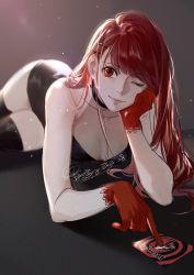 Rule 34 | 1girl, 2020, alternate hairstyle, black thighhighs, breasts, card, choker, cleavage, dated, earrings, female focus, gloves, hair ornament, highres, jewelry, lips, long hair, looking at viewer, lying, matching hair/eyes, medium breasts, one eye closed, persona, persona 5, persona 5 the royal, red eyes, red gloves, red hair, signature, smile, solo, thighhighs, wink, yoshizawa kasumi
