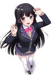 Rule 34 | 1girl, black footwear, black hair, bow, bowtie, hair ornament, hairclip, highres, jacket, karuvo, long hair, looking at viewer, nijisanji, open mouth, pink neckwear, pleated skirt, school uniform, skirt, standing, thighhighs, tsukino mito, tsukino mito (1st costume), virtual youtuber, white background, white thighhighs