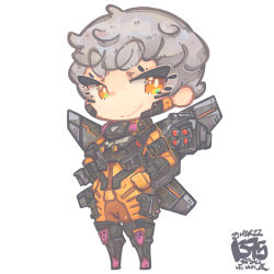 Rule 34 | 1girl, animification, apex legends, bodysuit, bright pupils, chibi, dated, grey hair, hair behind ear, hand on own hip, highres, jetpack, jrpencil, missile pod, orange bodysuit, orange eyes, short eyebrows, short hair, smile, solo, thick eyebrows, valkyrie (apex legends), white background, white pupils