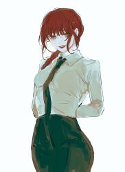 Rule 34 | 1girl, arms behind back, black necktie, black pants, braid, braided ponytail, chainsaw man, collared shirt, cowboy shot, hair over shoulder, highres, looking at viewer, makima (chainsaw man), medium hair, necktie, open mouth, pants, pecopecosupipi, red hair, shirt, shirt tucked in, sidelocks, simple background, smile, solo, white background, white shirt, yellow eyes