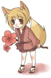 Rule 34 | 1girl, animal ears, blonde hair, branch, brown eyes, chibi, flower, fox ears, fox tail, full body, japanese clothes, kimono, leaning forward, looking at viewer, lowres, matsuzuki matsu, plum blossoms, sandals, smile, solo, standing, tail, white background