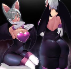 Rule 34 | 1girl, :d, absurdres, animal ears, aqua eyes, ass, back, bare shoulders, bat ears, bat girl, bat wings, boots, breasts, cleavage, covered navel, elbow gloves, fang, from behind, gloves, hachi (888hachi), high heel boots, high heels, highres, humanization, multiple views, open mouth, rouge the bat, short hair, sitting, skin fang, skin tight, smile, sonic (series), tail, thighhighs, wariza, white gloves, white hair, white thighhighs, wings